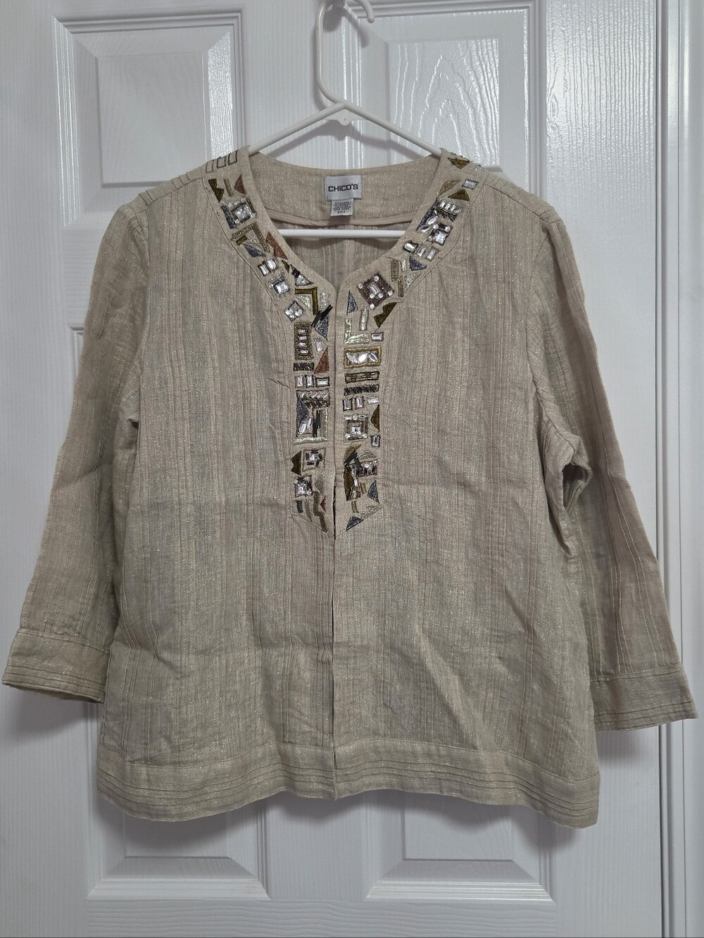 Chicos Embellished Tan Linen Split Neckline Geometric Jeweled Jacket | Large